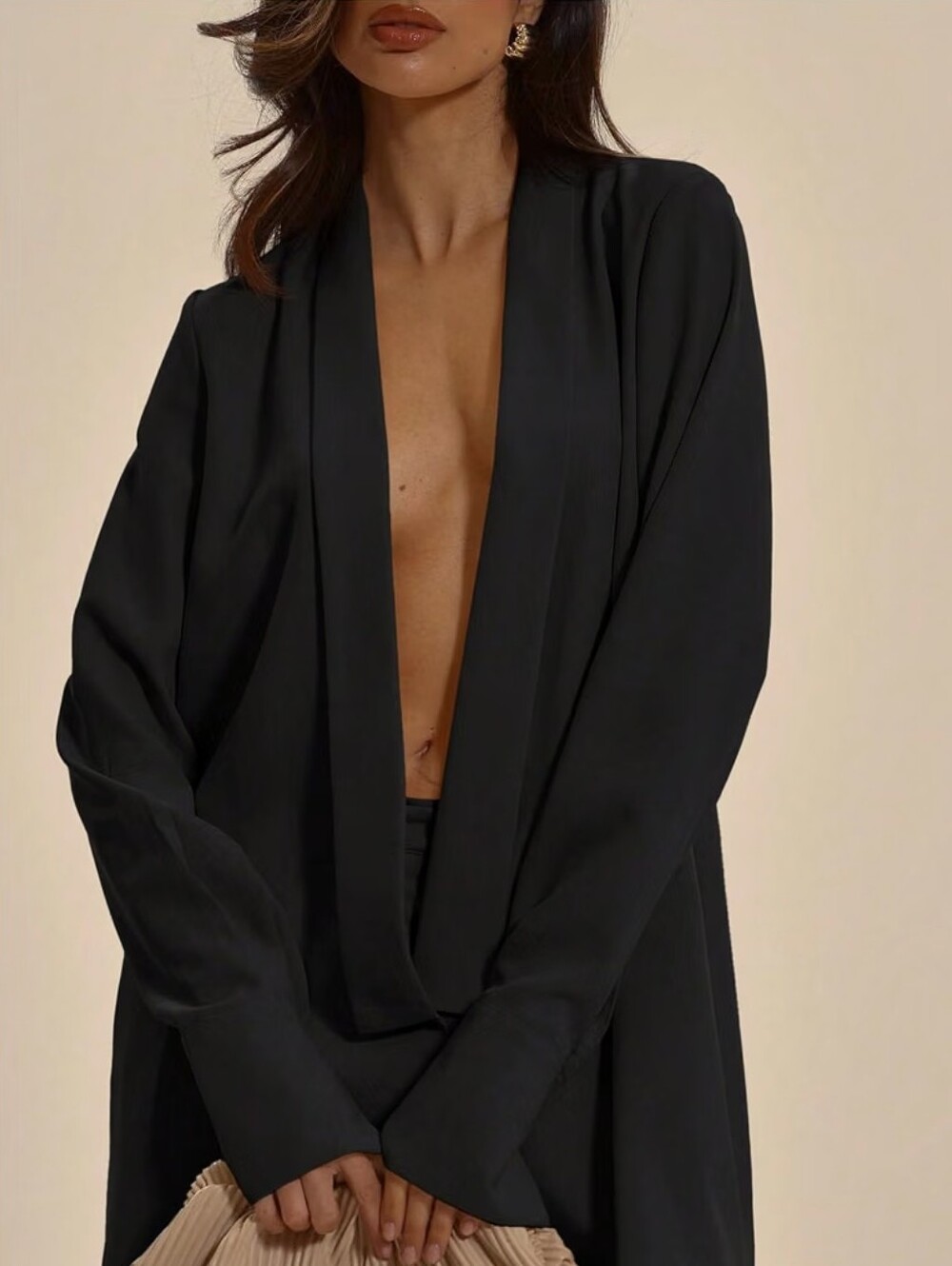 Deep V Neck Blouse Shawl Collar Long Sleeve